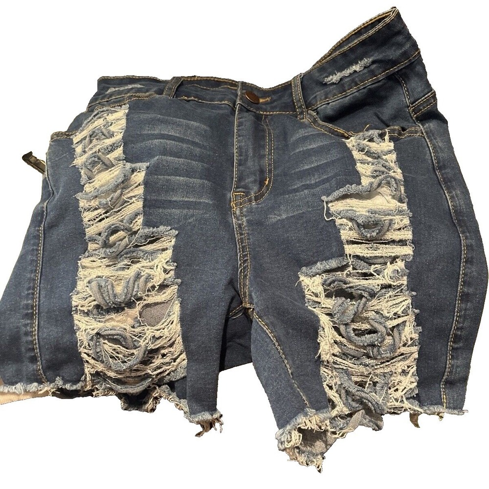 Womens M Blue Denim Ripped Distressed Cut Off Shorts Festival